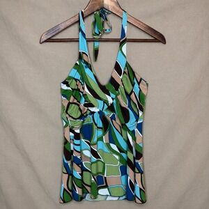 Y2K IZ Byer California Halter Top Green Blue Abstract Retro Y2K V-Neck Large